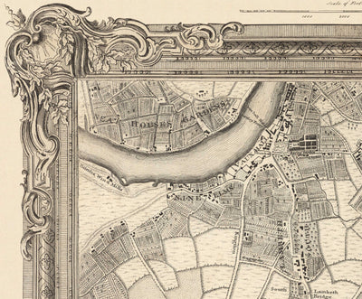 Antiguo mapa del sur de Londres en 1746 por John Rocque - Peckham, Camberwell, Vauxhall, Dulwich, Lambeth, SW2, SW4, SW8, SW9, SE5, SE15, SE22, SE24