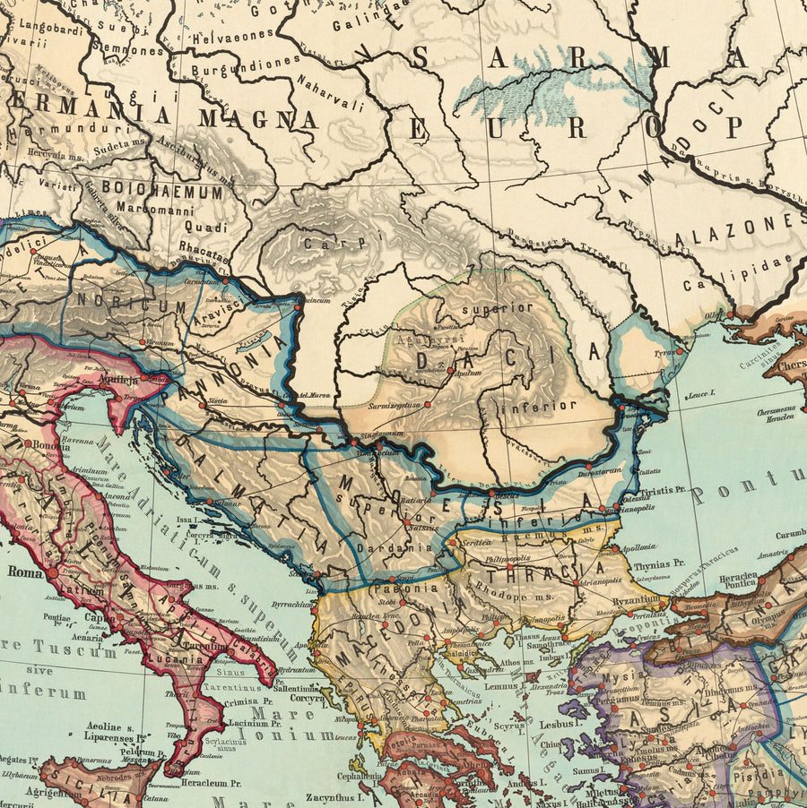 Alte Karte des Römischen Reiches von 266 v. Chr. bis 305 n. Chr. von Perthes & Kampen, 1889 - Seltene Karte des Byzantinischen, West- und Ost-Römischen Reiches & Straßen 