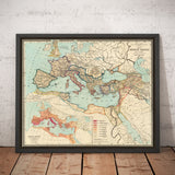 Mapa del mundo del antiguo Imperio Romano desde 266 a.C. hasta 305 d.C. por Perthes & Kampen, 1889 - Mapa raro del Imperio Bizantino, del Imperio Romano de Occidente y Oriente y sus caminos 
