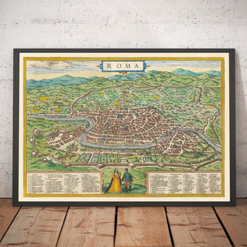 Ancienne carte de Rome, 1572 par Braun - Vatican City, Papal Palace, Forum, Panthéon, Ruines anciennes, Colisée