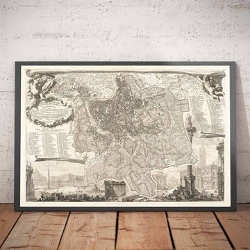 Raro mapa antiguo de Roma, Italia, por Nolli & Piranesi, 1748 - Vaticano, Basílica de San Pedro, Fuente de Trevi, Coliseo