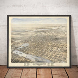 Antica mappa Birds Eye di Sacramento di Augustus Koch, 1870 - Centro, Midtown, Capitale della California 