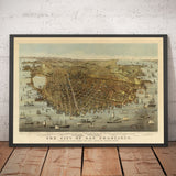 Vieux oiseaux Carte des yeux de San Francisco en 1878 - Baie de la baie, Golden Gate, Gold Rush, Mission Bay, North Beach