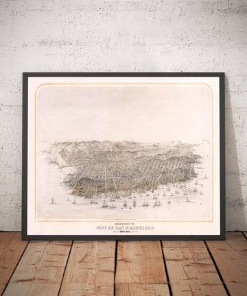 Old Birds Eye Map of San Francisco in 1868 - Bay Area, Golden Gate, Gold Rush, Nob Hill, North Beach