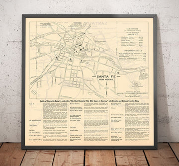 Mapa de la calle antigua de Santa Fe, Nuevo México, 1925 - Gráfico de la ciudad rara de la capital del estado