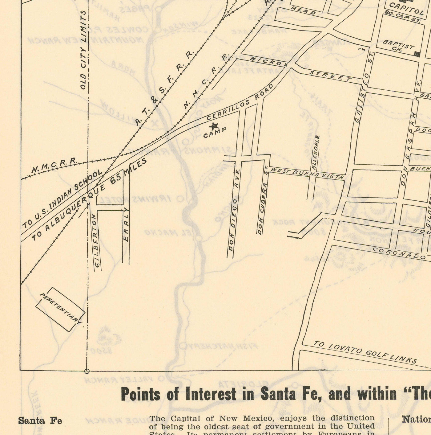 Mapa de la calle antigua de Santa Fe, Nuevo México, 1925 - Gráfico de la ciudad rara de la capital del estado