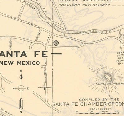 Old Street Carte de Santa Fe, Nouveau-Mexique, 1925 - Tableau de la ville de Rare Capital d'État
