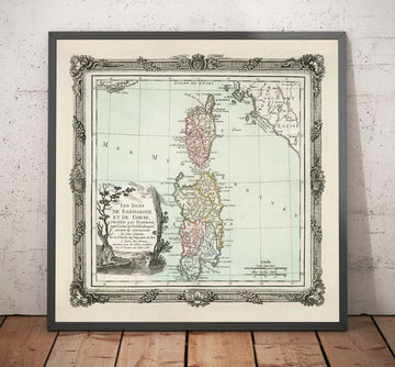 Antiguo mapa de Cerdeña y Córcega en 1786 por Louis Charles Desnos - Sassari, Cagliari, Porto-Vecchio, Bastia, Oristano