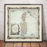 Mappa antica della Sardegna e della Corsica del 1786 di Louis Charles Desnos - Sassari, Cagliari, Porto-Vecchio, Bastia, Oristano 