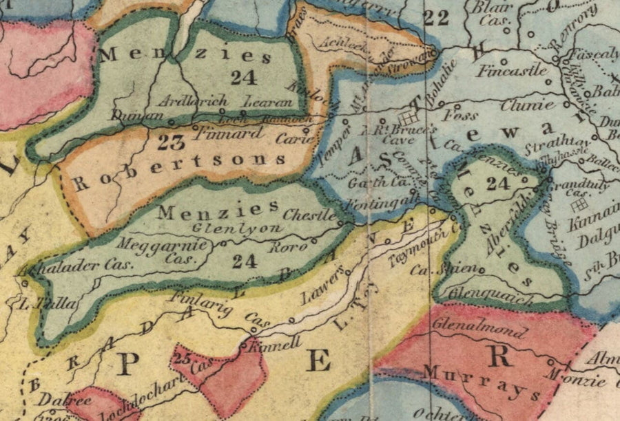 Schottland Clan-Karte - Seltene Farbkartierung der Highlands von Schottland von WH Lizars, 1822 