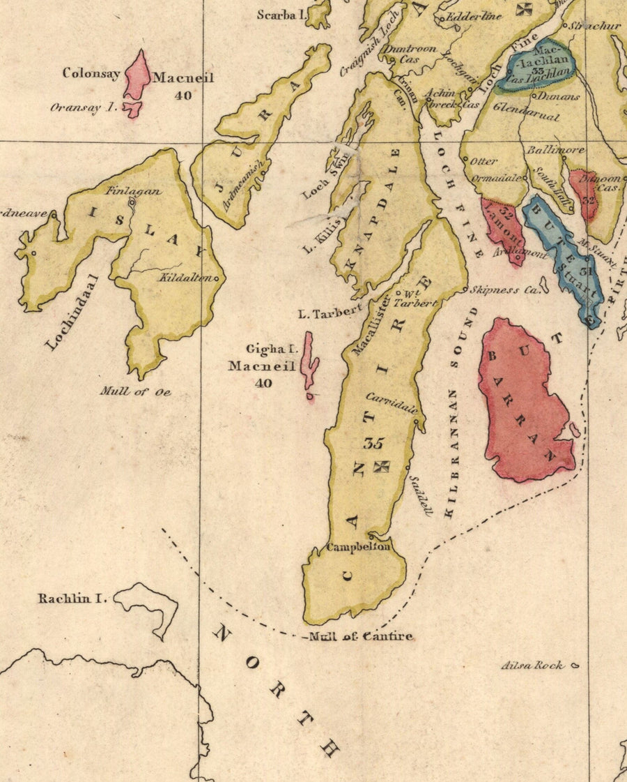 Schottland Clan-Karte - Seltene Farbkartierung der Highlands von Schottland von WH Lizars, 1822 