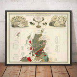 Alte Geologie- und Paläontologie-Karte von Schottland, 1854, von A.K. Johnston und Edward Forbes - Seltene Fossilien-Wandkarte 