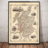 Viejo mapa de Escocia en 1851 por J. Tallis - Arte de la pared de la vendimia, mapa antiguo de los condados escoceses