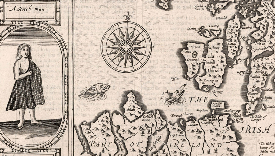 Alter monochromer Karte von Schottland, 1611 von John Speed - Orkney, Shetland, Highlands, Äußere Hebriden, Skye, Loch Ness 