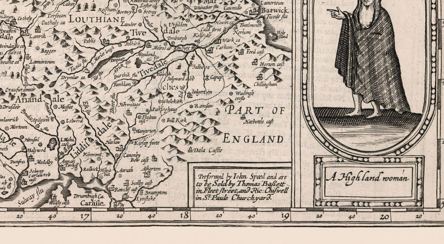 Alter monochromer Karte von Schottland, 1611 von John Speed - Orkney, Shetland, Highlands, Äußere Hebriden, Skye, Loch Ness 