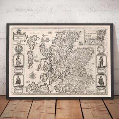 Old Monochrome Carte of Scotland, 1611 par John Speed ​​- Orkney, Shetland, Highlands, Extérieur Hebrides, Skye, Loch Ness