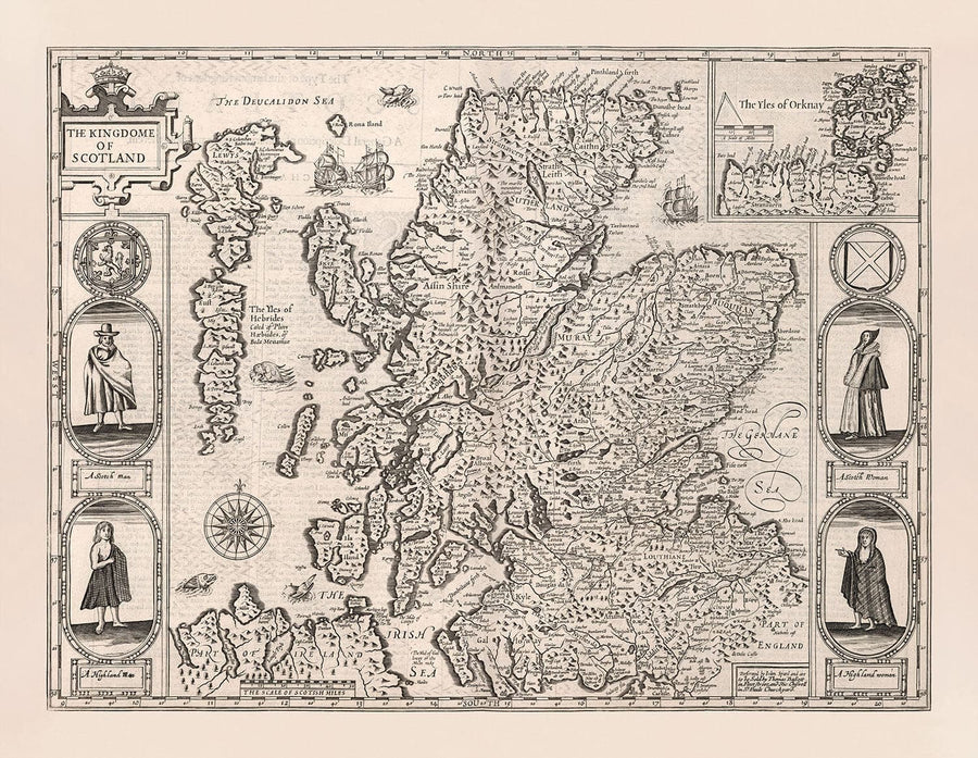 Alter monochromer Karte von Schottland, 1611 von John Speed - Orkney, Shetland, Highlands, Äußere Hebriden, Skye, Loch Ness 