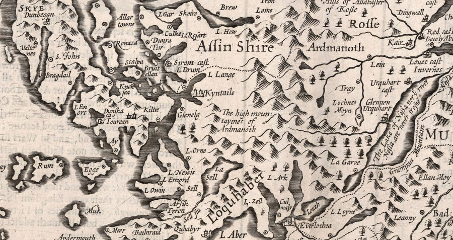 Alter monochromer Karte von Schottland, 1611 von John Speed - Orkney, Shetland, Highlands, Äußere Hebriden, Skye, Loch Ness 