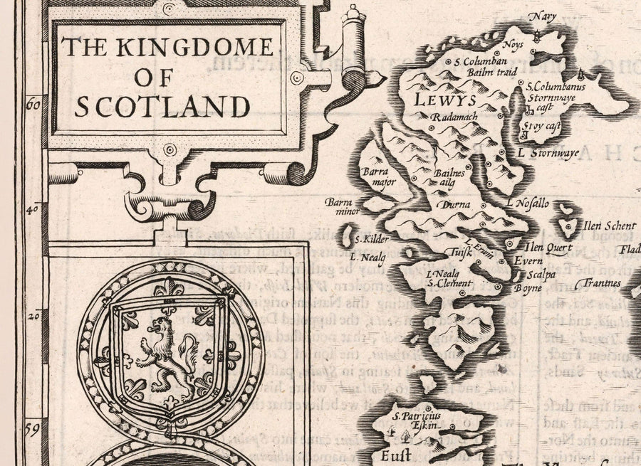 Alter monochromer Karte von Schottland, 1611 von John Speed - Orkney, Shetland, Highlands, Äußere Hebriden, Skye, Loch Ness 