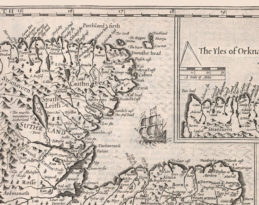 Alter monochromer Karte von Schottland, 1611 von John Speed - Orkney, Shetland, Highlands, Äußere Hebriden, Skye, Loch Ness 