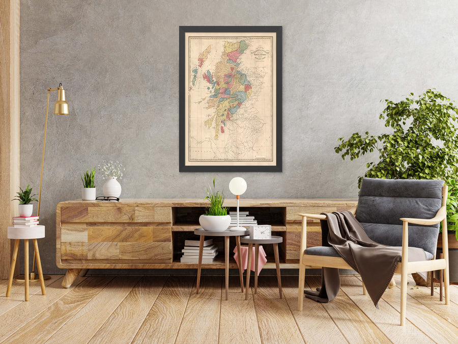 Schottland Clan-Karte - Seltene Farbkartierung der Highlands von Schottland von WH Lizars, 1822 