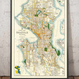 Rare ancienne carte de Seattle, Washington, 1929 - Centre ville, lacs, puget, canaux, île de Mercer