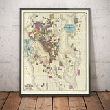 Mappa antica rara di Seattle, Washington, 1890 di OP Anderson - Centro, Laghi, Puget, Baia, Mercer, Linee ferroviarie 
