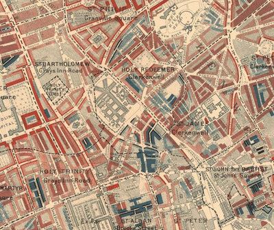 Carte de la pauvreté de Londres 1898-9, West Central District, par Charles Booth - Westminster, Camden, City of London, Islington - W1, WC1, WC2, EC1, N1