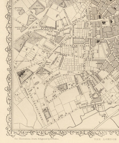 Ancienne carte de Sheffield, Yorkshire en 1851 par Tallis & Rapkin