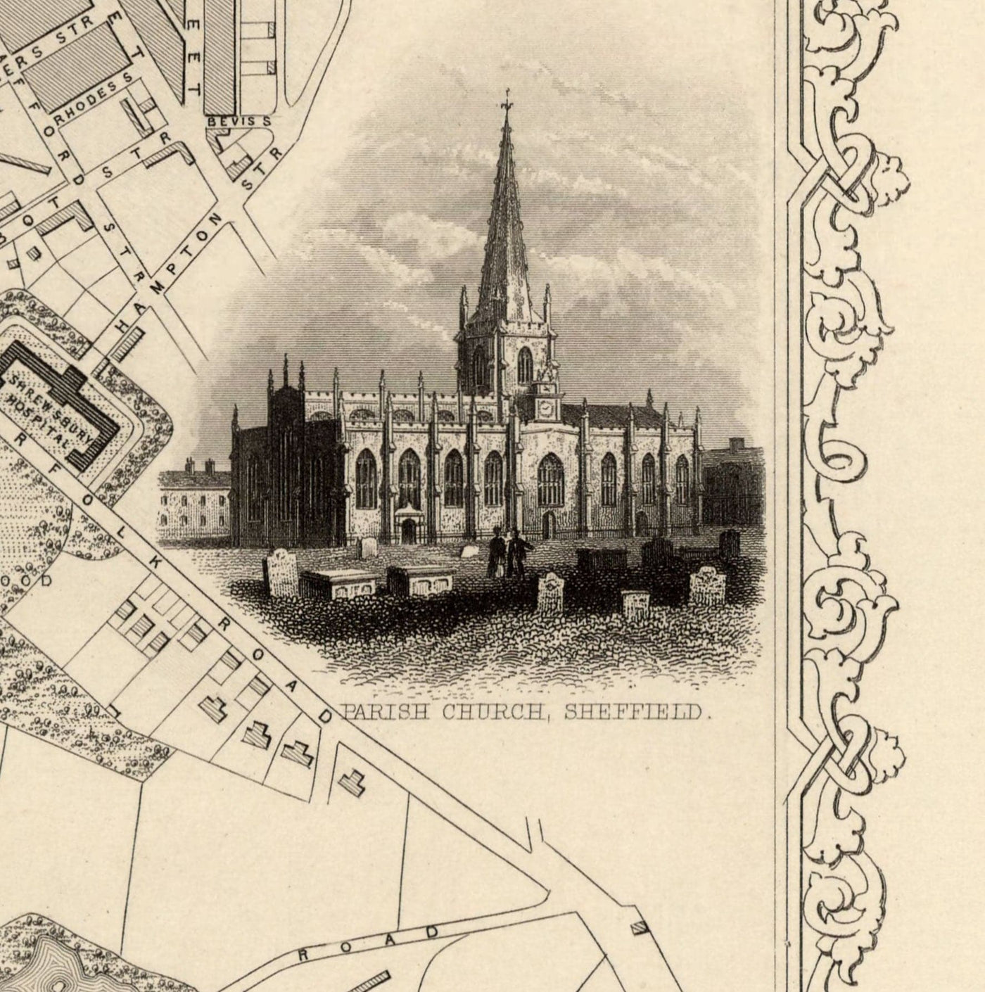 Ancienne carte de Sheffield, Yorkshire en 1851 par Tallis & Rapkin