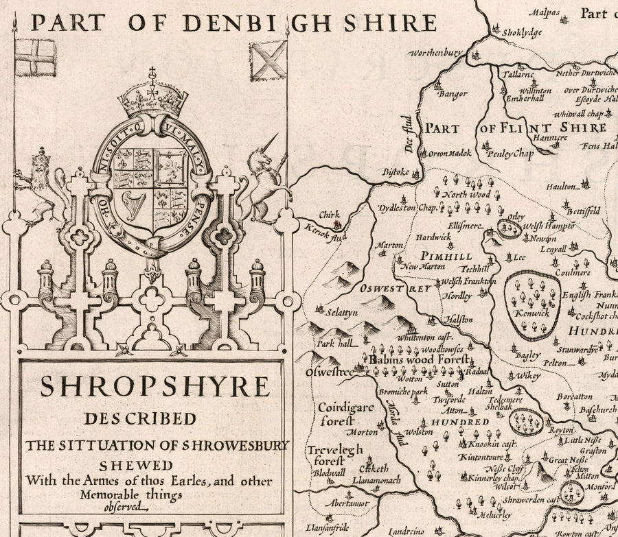 Vieille carte du Shropshire en 1611 par John Speed ​​- Shrewsbury, Telford, Bridgnorth, Oswestry, Newport, Ludlow