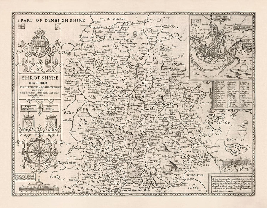 Vieille carte du Shropshire en 1611 par John Speed ​​- Shrewsbury, Telford, Bridgnorth, Oswestry, Newport, Ludlow