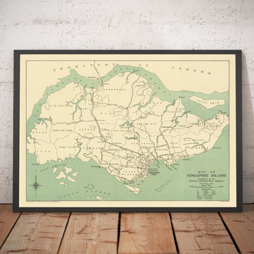 Antiguo mapa de la isla de Singapur, 1920 - Carreteras, ferrocarril, Sembawang, Tampines, Tuas, Johor Bahru, Malasia