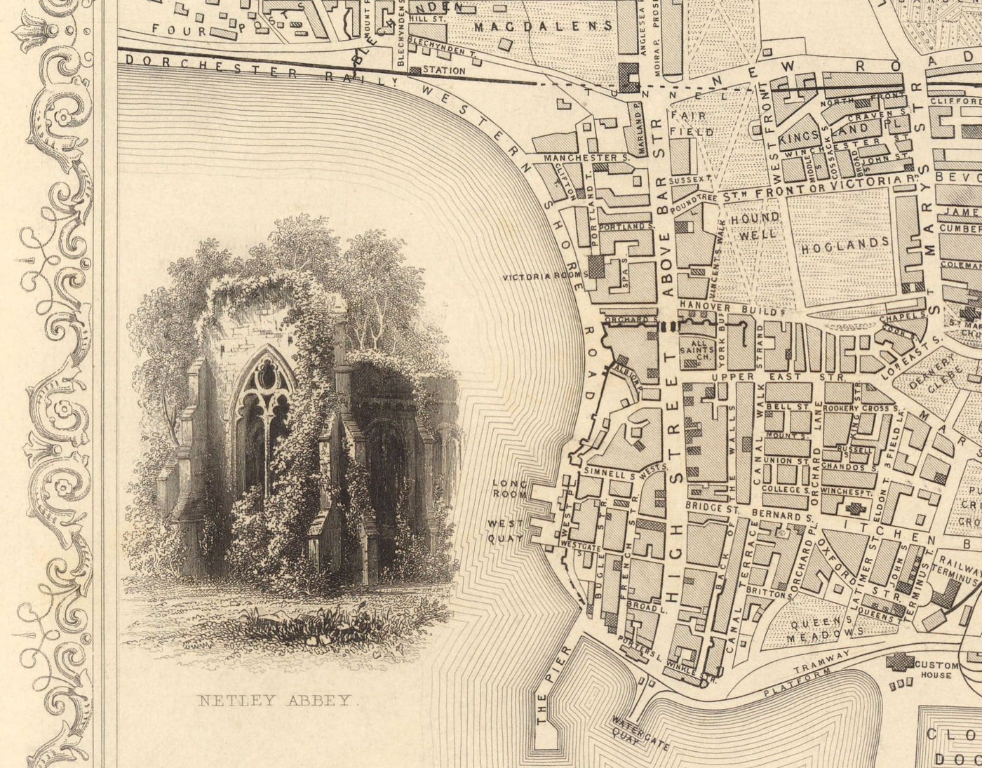 Mapa antiguo de Southampton en 1851 por Tallis & Rapkin - Centro de la ciudad, Río Itchen, Capilla, Docks, Ocean Village