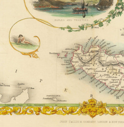 Ancienne carte de l'Italie du Sud en 1851 par Tallis & Rapkin - Sicile, Sardaigne, Corse, Naples, Palerme