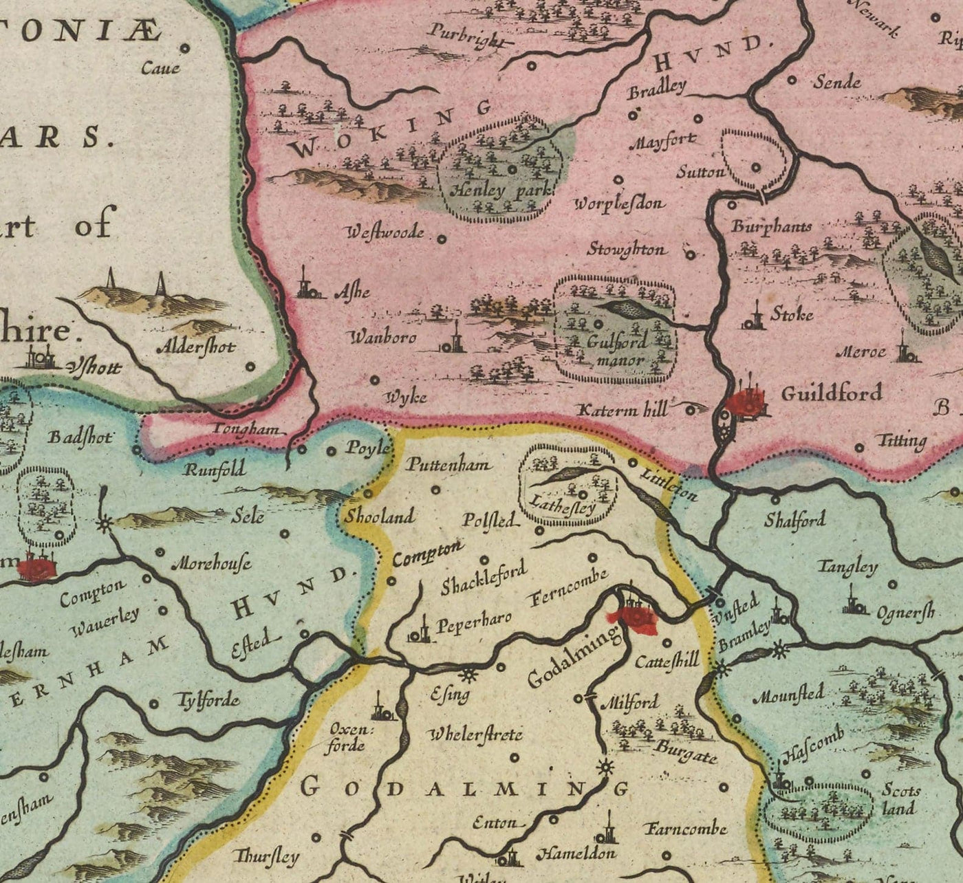 Alte Karte von Surrey 1665 von Joan Blaeu - Woking, Guildford, Croydon, Richmond, Kingston, Greitrig