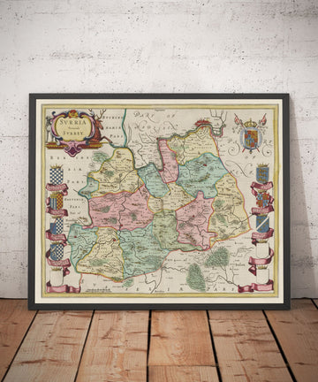 Mappa antica del Surrey nel 1665 di Joan Blaeu - Woking, Guildford, Croydon, Richmond, Kingston, Reigate 