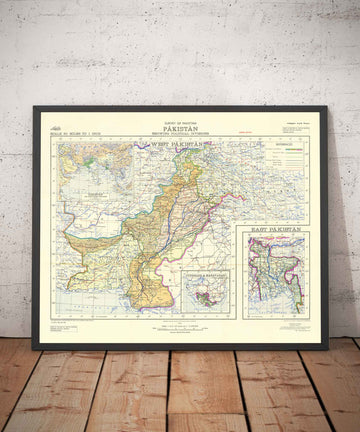First Map of Pakistan, 1953 - Old Map of Independent West & East - Lahore, Bangladesh, Kashmir, British Raj