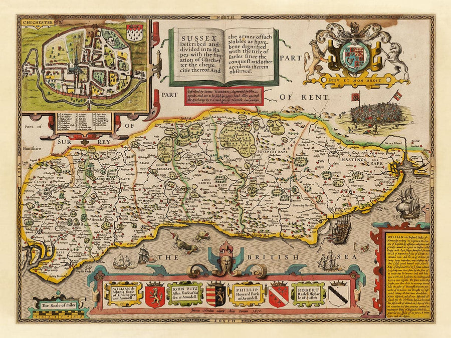 Ancienne carte du Sussex en 1611 par John Speed - Worthing, Crawley, Brighton, Bognor, Eastbourne