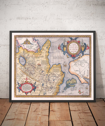 Viejo Mapa de Tartary (Rusia, Siberia, China) en 1584 por Ortelius - Carta rara de Asia Central, América, Japón