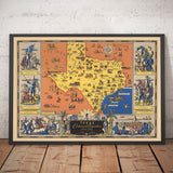 Ancienne carte illustrée de l'histoire du Texas, 1936 - Centenaire, chute d'Alamo, Houston, Dallas, Waco, bétail Longhorn