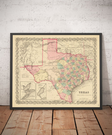 Mappa antica del Texas 1856 di Colton - Houston, San Antonio, Dallas, Austin, Fort Worth, El Paso 