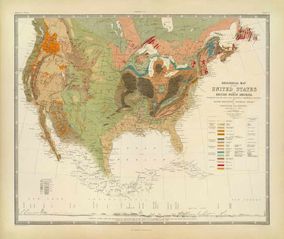 Old Geology Map of the USA and Canada by Rogers & Johnston, 1856 - Geological Chart of America