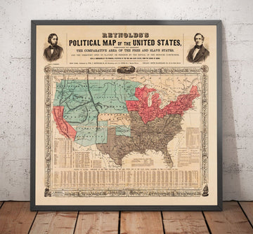Old Political Map of the USA, 1856 - American Civil War Free vs. Slate States, North vs. South - Missouri Compromise