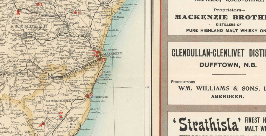 Alte Karte der schottischen Brennereien von 1902 von John Bartholomew - Whiskey, Spirituosen, Alkohol, Edinburgh, Glasgow 