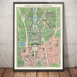 Old Map of the Palace of Versailles & Gardens, 1920 by Leconte - Paris, Grand Canal, King Louis XIV, XV, XVI