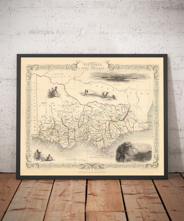 Mapa antiguo de Victoria, Australia por Tallis & Rapkin, 1851 - Condados de Melbourne, Geelong, Bourke, Grant, Evelyn