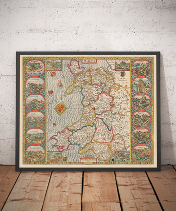 Antica Mappa a Colori del Galles, Cymru di John Speed, 1610 