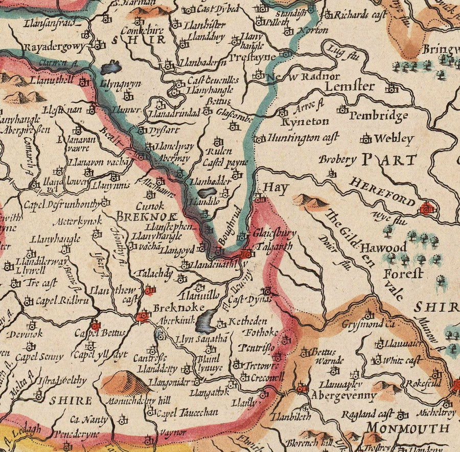 Alte Farbkarten von Wales, Cymru von John Speed, 1610 
