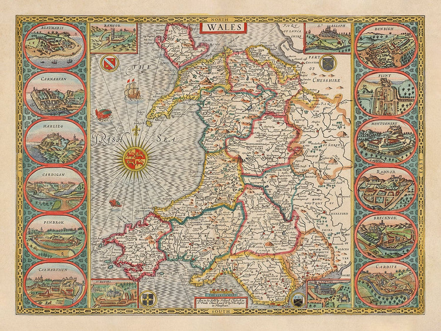 Alte Farbkarten von Wales, Cymru von John Speed, 1610 